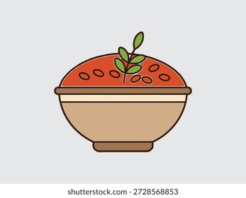 Ilustración de sopa de tomate con hoja de albahaca