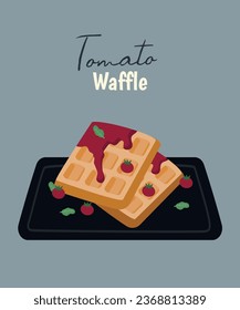 Illustration with Tomato, Waffle ,Cream and Plate