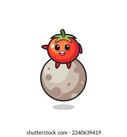 illustration of tomatoes cartoon sitting on the moon , cute style design for t shirt, sticker, logo element