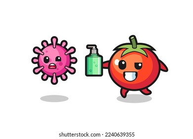 illustration of tomatoes character chasing evil virus with hand sanitizer , cute style design for t shirt, sticker, logo element