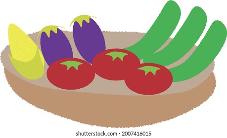 Illustration of tomatoes, cucumbers, eggplants and corn vegetables in a bowl