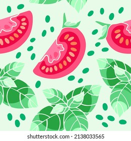 Illustration mit Tomaten und Grünen, nahtlose Vektorgrafik