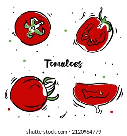 
illustration with tomatoes on isolated background in hand drawn doodle style