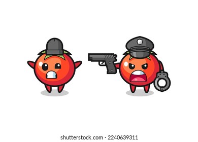 ilustración del ladrón de tomates con las manos arriba pose pillada por la policía, diseño de estilo lindo para camiseta, pegatina, elemento logo