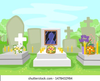 Illustration of  Tombs in a Cemetery with Flowers and Lighted Candles for All Souls Day