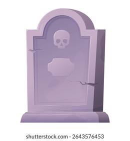 An illustration of a tombstone decorated with a skull and with visible cracks, on a clean white background highlighting its details.