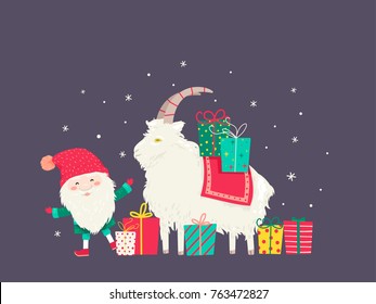 Illustration of a Tomte with Gifts and a Big White Yule Goat