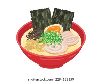 Illustration of tonkotsu ramen topped with boiled egg and seaweed.