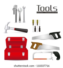 Illustration of tools, with a pipe wrenches, hammer, hacksaw, screwdrivers, hand saw and tool box, vector illustration
