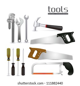 Illustration of tools, with a pipe wrenches, hammer, hacksaw, screwdrivers, hand saw and tool box, vector illustration