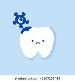 Illustration of tooth with bacteria in mouth. Cute tooth with caries and evil bacteria. Pediatric dentistry symbol. Tooth Character Cries Because of Germs. Cracked or Broken Teeth Illustration.