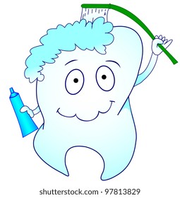 Illustration of a tooth with a brush and toothpaste