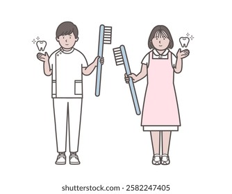 Illustration of tooth brushing instruction by dentist and dental hygienist