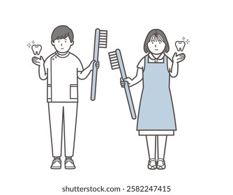 Illustration of tooth brushing instruction by dentist and dental hygienist