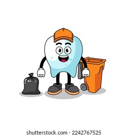 Illustration of tooth cartoon as a garbage collector , character design