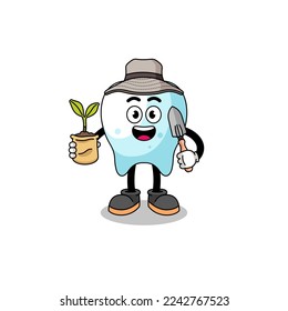 Illustration of tooth cartoon holding a plant seed , character design