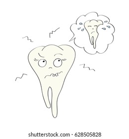 Illustration of tooth imagining his destiny - unhealthy tooth with defect - original hand drawn character