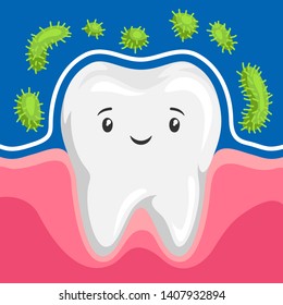 Illustration of tooth is protected from bacteria. Children dentistry sad character. Kawaii facial expression.