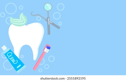 Ilustración de un diente rodeado de pasta de dientes, cepillo de dientes e instrumentos dentales, que representan la salud oral, la higiene y el cuidado dental.