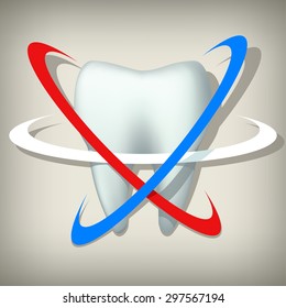 illustration of tooth and three circles different color on grey background