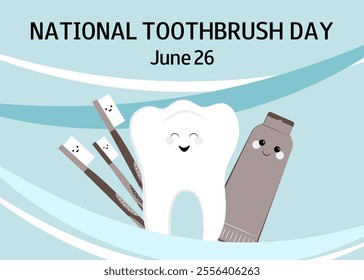 Illustration of a tooth with a toothbrush. National Toothbrush Day. June 26. Cute horizontal banner, greeting card, presentation, flyer, poster.