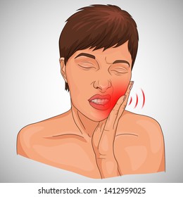 Illustration of toothache shown on a woman face with red designation on light grey background 