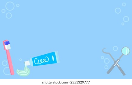 Illustration of a toothbrush, toothpaste, and dental tools on a light blue background, emphasizing oral hygiene and dental care.