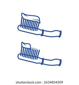 Abbildung einer Zahnbürste mit Zahnpasta. Verwendung von Zahnpasta für Erwachsene und Kinder. Modernes Grafikdesign-Liniensymbol.