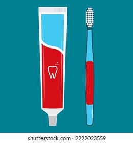 Illustration with toothbrush and tube of toothpaste in flat style