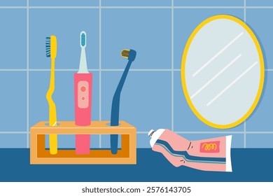 Illustration of toothbrushes and toothpaste in bathroom. 