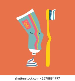 Illustration of toothpaste and brush. Dental care.