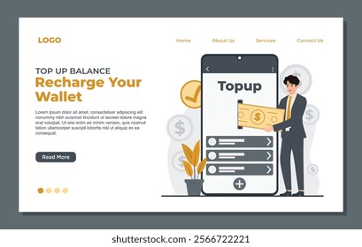 Illustration of top up balance landing page template with wallet and coins for adding funds