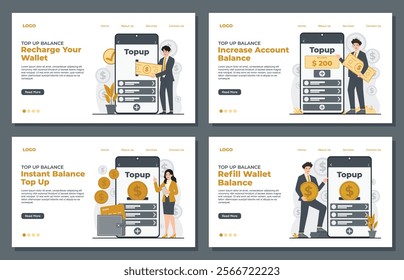 Illustration of top up balance landing page template with wallet and coins for adding funds