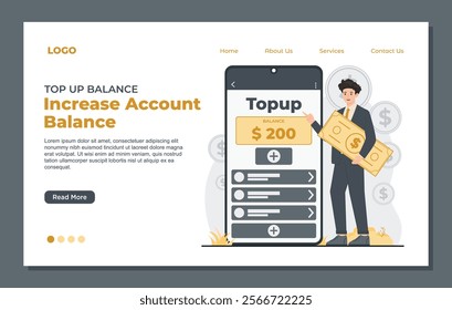 Illustration of top up balance landing page template with wallet and coins for adding funds