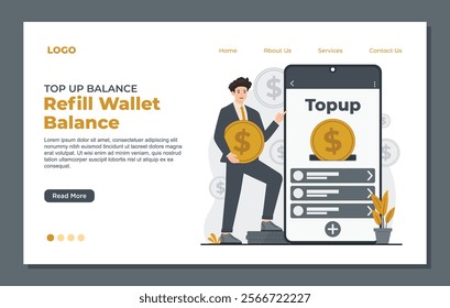 Illustration of top up balance landing page template with wallet and coins for adding funds