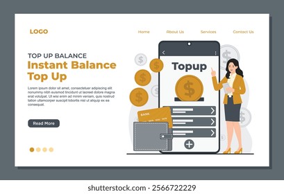 Illustration of top up balance landing page template with wallet and coins for adding funds