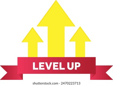 Illustration of top level badge with three arrows and ribbon Concept of career growth, leveling up in the game and in life, progress, achieving goal professionally