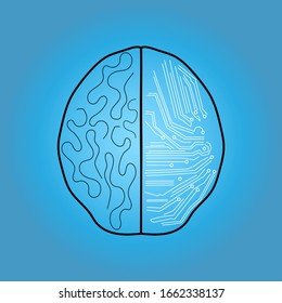 Illustration of a top view of a circuit board with a brain. Vector