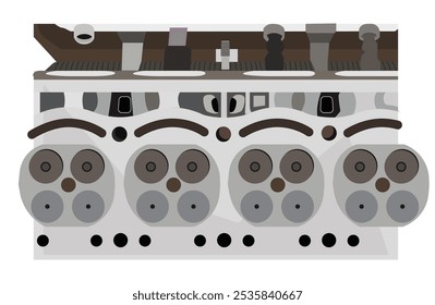 Ilustração da vista de cima de uma cabeça de cilindro, um componente crucial de um motor de combustão interna. Ele abriga as válvulas, velas de ignição e câmaras de combustão. Ilustração plana de vetor