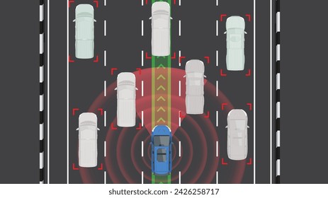 illustration top view flat color of car vehicle high end sensor radar autonomous system technology A.I.