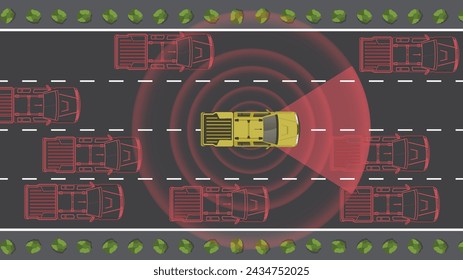 illustration top view flat color of pick up truck car vehicle high end sensor radar autonomous system technology A.I.