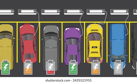 Illustration Draufsicht flache Farbe des Autos mit Batterie E.V. Status Icon Ladestation