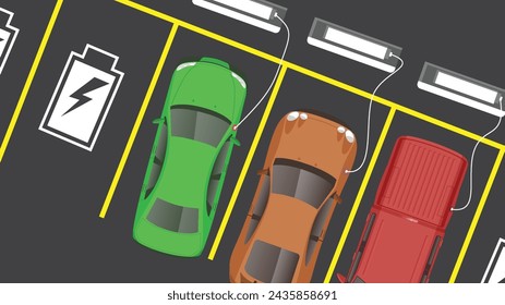 illustration top view flat color of car vehicle with battery E.V. status icon charging station