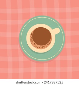 Ilustración de la mesa de la parte superior con una taza de café con un mantel de cuadros en el fondo. ilustración plana vectorial. Pancarta para café o pastelería.