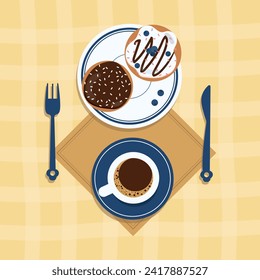 Ilustración de la mesa de vista superior con taza de café y donuts con un mantel a cuadros en el fondo. ilustración plana vectorial. Café y bollería. Pancarta para café, pastelería o pastelería.
