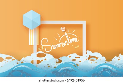 illustration of top view  travel summer season on the beach.Frame Calligraphy text Decoration swimming equipment. Seaside with landscape pastel color tone background,Paper cut and craft style vector. 