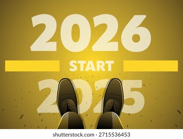 Una ilustración de un punto de vista (POV) de arriba hacia abajo ilustración de los pies de una persona con zapatos de vestir de pie en el año "2025" y mirando hacia un brillante "2026" a través de una línea amarilla "START"