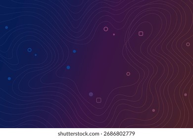 Illustration of topographic map with neon gradient and abstract elements. Futuristic wavy contour lines on dark gradient technology background.