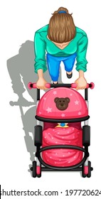 Illustration of a topview of a mother and her baby inside the stroller on a white background
