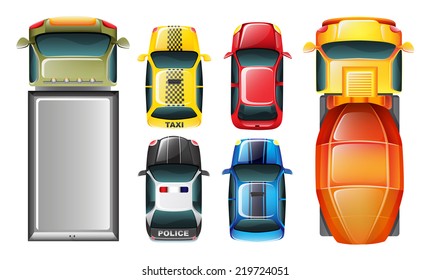 Illustration of a topview of the parked vehicles on a white background 